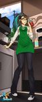  apron brown_hair glasses green_eyes highres hizzacked long_hair multicolored_hair original self-portrait solo starbucks two-tone_hair 