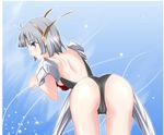  1girl armor ass back backboob bent_over blue_eyes blush breasts from_behind hairband hanging_breasts langrisser langrisser_ii leaning leaning_forward leotard pauldrons sherry_(langrisser) shiny shiny_skin shizufa short_hair silver_hair solo 