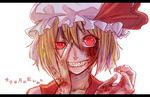  bad_id bad_pixiv_id blonde_hair blood blood_on_face flandre_scarlet glowing glowing_eyes grin hand_on_own_face hat letterboxed looking_at_viewer red_eyes sharp_teeth short_hair slit_pupils smile solo teeth touhou yukihama 
