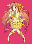  boots bow brown_hair bubble_skirt choker cure_muse_(yellow) full_body hair_bow hair_ribbon heart ishimu long_hair looking_at_viewer magical_girl pink_background pink_eyes precure ribbon shirabe_ako simple_background skirt solo suite_precure tiara very_long_hair yellow_bow yellow_choker 