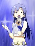  bad_id bad_pixiv_id belt blue_hair brown_eyes crop_top idol idolmaster idolmaster_(classic) kisaragi_chihaya microphone midriff music navel open_mouth shiratama_(hockey) shirt singing single_thighhigh sleeveless sleeveless_shirt smile solo thighhighs wireless wrist_cuffs 