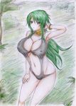  :o absurdres arm_up armpits bracelet breasts caam_serenity_of_gusto choker cleavage colored_pencil_(medium) covered_nipples duel_monster green_hair hand_on_own_head highres jewelry large_breasts long_hair looking_at_viewer midriff navel ponytail reebi slingshot_swimsuit solo swimsuit thighs traditional_media yellow_eyes yuu-gi-ou 