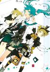  2girls aqua_hair blonde_hair brother_and_sister capelet choker earrings gloves hair_ornament hair_ribbon hairclip hatsune_miku jewelry kagamine_len kagamine_rin kneehighs long_hair multiple_girls necktie open_mouth ribbon ring short_hair siblings skirt smile striped striped_legwear suou thigh_strap thighhighs twins twintails very_long_hair vest vocaloid yellow_eyes zettai_ryouiki 