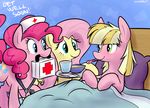  andrea_libman bed blue_eyes english_text equine eyelashes fan_character female fluttershy_(mlp) friendship_is_magic fur green_eyes hair horse mammal my_little_pony pegasus pillow pink_fur pink_hair pinkie_pie_(mlp) pony sick smile soup text thedoggygal wings yellow_fur 