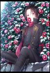  flower kashuu_kiyomitsu long_hair male_focus mouth_hold ponytail red_eyes red_scarf scarf sitting snow solo touken_ranbu yuuna_minato 