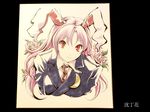  animal_ears blazer bunny_ears crescent flower formal jacket long_hair marker_(medium) necktie pink_hair red_eyes reisen_udongein_inaba shikishi smile solo touhou traditional_media tsubameyado upper_body 