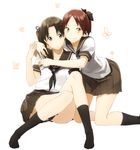  &gt;:) ayanami_(kantai_collection) bad_id bad_pixiv_id brown_eyes brown_hair hug kantai_collection kneehighs long_hair multiple_girls no_shoes panda_(pandadesu) pleated_skirt ponytail school_uniform serafuku shikinami_(kantai_collection) skirt smile uniform v-shaped_eyebrows yuri 