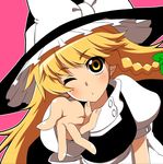  anime_coloring blonde_hair blown_kiss blush bow braid hat hat_bow kirisame_marisa long_hair looking_at_viewer moyashi_(m-planter) one_eye_closed outstretched_arms side_braid solo touhou white_bow witch_hat yellow_eyes 
