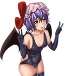  alternate_costume bad_id bad_pixiv_id bare_shoulders bat_wings black_hair breasts condom condom_in_mouth double_v elbow_gloves gloves hat highres hk_(hk) lavender_hair looking_at_viewer mob_cap mouth_hold one-piece_swimsuit red_eyes remilia_scarlet shiny shiny_skin short_hair skindentation small_breasts solo swimsuit thighhighs touhou v wings 