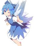  barefoot blue_dress blue_eyes blue_hair bow cirno dress fairy hair_bow hair_ornament hasebe_yuusaku ice ice_wings looking_at_viewer one_eye_closed short_hair short_sleeves simple_background smile solo teeth touhou vest white_background wings 