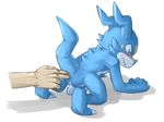  496549736_(artist) all_fours anal anal_fingering anal_insertion anal_penetration backsack balls bandai clenched_teeth cute_fangs digimon digital_media_(artwork) disembodied_hand duo eyes_closed fingering human insertion male mammal penetration raised_tail shaded spines straining teeth veemon 