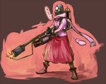  aimitsu_(ibityuttyu) androgynous boots brown_background canister cardigan crossover fire flame flamethrower full_body gas_mask gloves helmet holding holding_weapon long_skirt looking_at_viewer matsumi_yuu mittens oxygen_tank parody saki saki_achiga-hen scarf simple_background skirt solo team_fortress_2 the_pyro translated weapon 