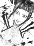  bare_shoulders drill_hair dudou fujimo_nao greyscale halter_top halterneck han_juri highres monochrome smile solo street_fighter street_fighter_iv_(series) twin_drills 