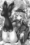  akaza anchor_hair_ornament ass black_legwear blush breasts crossed_legs feet gloves greyscale hair_ornament hand_on_headwear hat highres kantai_collection legs_up long_hair low_twintails machinery medium_breasts microskirt monochrome no_shoes panties peaked_cap pov_feet prinz_eugen_(kantai_collection) skirt smile socks soles solo sparkle striped thighhighs toes twintails underwear 