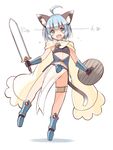  ahoge animal_ears blue_eyes blue_hair blush cape cat_ears cat_tail fang groin highres oota_yuuichi open_mouth original shield short_hair skirt smile solo sword tail weapon 