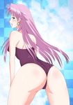  1girl ass back bare_shoulders blush breasts celine_jules earrings female from_behind huge_ass jewelry large_breasts leaning leaning_forward leotard long_hair looking_back purple_eyes purple_hair shiny shiny_skin shizufa smile solo square_enix star_ocean star_ocean_the_second_story 