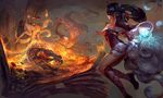  ahri alternate_costume alternate_hair_color animal_ears bad_id bad_pixiv_id blurry breasts depth_of_field detached_sleeves dual_persona energy_ball fire floating fox_ears fox_tail from_behind korean_clothes league_of_legends long_hair looking_at_another medium_breasts miniskirt multiple_girls multiple_tails off_shoulder rabbit_(tukenitian) sketch skirt tail thighs 