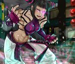  1girl abs black_hair breasts capcom city detached_sleeves female fingerless_gloves gloves han_juri hayame_(m_ayame) highres nail_polish pants pantyhose purple_eyes solo street_fighter street_fighter_iv toned twintails 