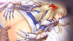  1boy 1girl anal_fingering ass blonde_hair blue_eyes breasts censored chijoku_no_onna_kishi fingering game_cg horse huge_breasts knight lune medieval mildred_von_lislstadt panties panties_aside pov solo_focus top-down_bottom-up warrior white_panties 