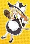  blonde_hair bow braid broom broom_riding hair_bow hat hat_bow highres kirisame_marisa long_hair moyashi_(m-planter) open_mouth pantyhose side_braid solo touhou white_bow witch_hat yellow_eyes 