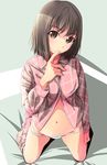  bangs brown_eyes brown_hair buttons eyebrows_visible_through_hair finger_in_mouth full_body hand_up highres kneeling long_sleeves looking_at_viewer matsunaga_kouyou navel original pajamas pajamas_pull panties short_hair solo unbuttoned underwear white_panties 