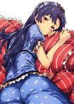  ass bad_id bad_pixiv_id blue_hair blush bow brown_eyes cushion frills hairband highres idolmaster idolmaster_(classic) kisaragi_chihaya lolita_hairband looking_back lying narumi_arata on_stomach pajamas polka_dot polka_dot_pajamas puffy_sleeves short_sleeves solo white_background 