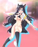  animal_ears bad_id bad_pixiv_id bikini_top black_hair blue_eyes blush breasts cat_ears closers covered_nipples fingerless_gloves gloves highres large_breasts long_hair open_mouth pleated_skirt raind single_glove skirt solo torn_clothes yuri_seo 