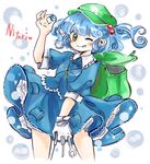  backpack bag blue_eyes blue_hair character_name green_eyes hair_bobbles hair_ornament hat kawashiro_nitori key maru_usagi one_eye_closed screwdriver short_hair skirt smile solo tongue tongue_out touhou two_side_up wrench 