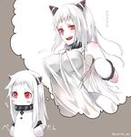  albino artist_name bad_id bad_pixiv_id blush blush_stickers breast_conscious breasts dress highres horns imagining kantai_collection large_breasts long_hair northern_ocean_hime older pale_skin red_eyes shinkaisei-kan solo translated twitter_username white_dress white_hair white_skin yukihama 