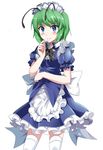  alternate_costume antennae apron blue_eyes blush dress e.o. enmaided finger_to_chin frilled_dress frills green_hair highres looking_at_viewer maid maid_apron maid_headdress puffy_short_sleeves puffy_sleeves sash short_hair short_sleeves smile solo thighhighs touhou tsurime tunic white_legwear wriggle_nightbug zettai_ryouiki 