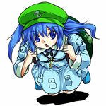  backpack bag blue_hair chestnut_mouth commentary_request full_body green_backpack green_hat hat kawashiro_nitori key long_sleeves looking_at_viewer open_mouth pocket shadow shinkai_no_shachi simple_background solo touhou two_side_up white_background 
