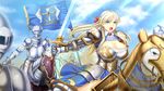  armor blonde_hair blue_eyes breasts cleavage horse huge_breasts long_hair medieval sword warrior 