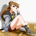  :o blush braid braided_bun brown_hair camouflage earbuds earphones eyebrows hachikou_p hair_bun highres idolmaster idolmaster_cinderella_girls kamiya_nao legs long_hair off_shoulder red_eyes shirt shoes shorts single_earphone_removed sitting sleeves_past_wrists smiley_face sneakers socks solo t-shirt 