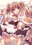  :d apron bad_id bad_pixiv_id black_eyes bow breasts cleavage dress earrings fang flag food hair_ribbon high_heels highres jewelry long_hair maid maid_headdress medium_breasts moe2015 omurice oniku_(shimofuri-ke) open_mouth original plant plate potted_plant ribbon smile solo thighhighs twintails very_long_hair waist_apron waving window 