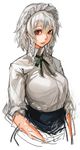  adapted_costume alternate_costume bow braid colorized izayoi_sakuya long_sleeves looking_at_viewer maid_headdress parted_lips red_eyes sachito shirt short_hair silver_hair simple_background sketch solo touhou twin_braids upper_body white_background 