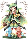  aikei_ake blush boots brown_hair cape claws dragon fantasy head_tilt highres hood horns original red_eyes solo standing wings 