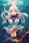  ahoge angpao artist_name atdan dress firecrackers horns kantai_collection long_hair looking_at_viewer md5_mismatch mittens northern_ocean_hime pale_skin parted_lips red_eyes shinkaisei-kan submerged underwater white_dress white_hair 