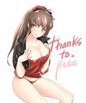  bad_id bad_pixiv_id blush breast_suppress breasts brown_hair cleavage cropped_jacket green_eyes jacket large_breasts leather leather_jacket long_hair open_mouth panties ponytail raind red_panties solo thank_you underwear 