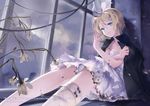  artist_name bandages blonde_hair blue_eyes burnt_clothes cloud cloudy_sky comet_(teamon) copyright_name crying dress flower hair_ornament hair_ribbon hairclip injury jacket jacket_on_shoulders kagamine_rin open_clothes open_jacket rain ribbon short_hair sitting sky solo tears vocaloid white_dress window windowsill 