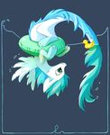  2015 ambiguous_gender ask_blog asphagnum blue_hair claws dragon feathers feral fur furred_dragon green_eyes hair mammal patch_(character) paws rubber_duck text water white_fur wings 