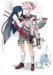  bad_id bad_twitter_id black_hair blood blue_eyes carrying gloves hair_over_one_eye hayashimo_(kantai_collection) highres injury kantai_collection kiyoshimo_(kantai_collection) long_hair machinery multiple_girls pantyhose pink_hair ponytail princess_carry shiranui_(kantai_collection) sketch torn_clothes torn_legwear translated uniform very_long_hair white_gloves yomosaka 