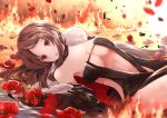  1girl bangs black_dress black_gloves black_jacket blurry blurry_foreground blush breasts brown_hair burning consort_yu_(fate) depth_of_field dress earrings fate/grand_order fate_(series) fire flower flower_on_liquid forehead fur-trimmed_jacket fur_trim gloves iroha_(shiki) jacket jewelry long_hair looking_to_the_side lying medium_breasts navel on_back open_clothes open_jacket parted_bangs parted_lips red_eyes red_flower solo 