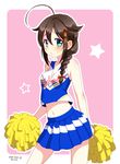  ahoge blue_eyes blush braid brown_hair cheerleader crop_top crop_top_overhang dated gradient_eyes hair_flaps hair_over_shoulder highres kantai_collection m-shiganai midriff multicolored multicolored_eyes navel pom_poms remodel_(kantai_collection) shigure_(kantai_collection) single_braid solo sweatdrop twitter_username 