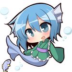  blue_eyes blue_hair bubble chibi fish head_fins japanese_clothes kimono mermaid monster_girl solo touhou twumi wakasagihime white_background wide_sleeves 