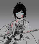  bad_id bad_pixiv_id black_hair blood blood_on_face blue_eyes holding japanese_clothes katana male_focus ponytail solo spot_color sword touken_ranbu weapon yamato-no-kami_yasusada yuzuki_gao 