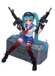  ankle_boots aqua_eyes aqua_hair assault_rifle black_footwear boots combat_boots cross-laced_footwear fingerless_gloves fkey full_body gloves goggles goggles_on_head gun hatsune_miku highres holding holding_gun holding_weapon lace-up_boots long_hair looking_at_viewer m4_carbine nail_polish rifle school_uniform serafuku simple_background sitting skirt solo thigh_strap thighhighs trigger_discipline twintails very_long_hair vocaloid weapon white_background 
