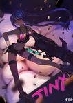  1girl blue_hair boots braid bullet bullets character_name female highres jinx_(league_of_legends) league_of_legends long_hair looking_at_viewer pink_eyes solo twin_braids weapon y_(wuhanyxt) 