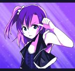  arm_up bangs blue_eyes bow clenched_teeth hair_bow kidachi kousaka_honoka letterboxed light_rays love_live! love_live!_school_idol_project monochrome one_side_up pointing pointing_at_self purple purple_hair short_hair solo swept_bangs tank_top teeth upper_body vest wild_stars 