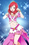  :d arms_up bangs belt blush bracelet jewelry kidachi looking_at_viewer love_live! love_live!_school_idol_project midriff music_s.t.a.r.t!! navel necklace nishikino_maki open_mouth paw_pose purple_eyes red_hair short_hair skirt smile solo sparkle swept_bangs tiara 