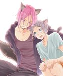  animal_ears blue_eyes blush cat_ears cat_tail fang free! grey_hair jacket komorikorimo male_focus matsuoka_rin mole mole_under_eye multiple_boys nitori_aiichirou open_mouth shorts smile tail wolf_ears wolf_tail yaoi 